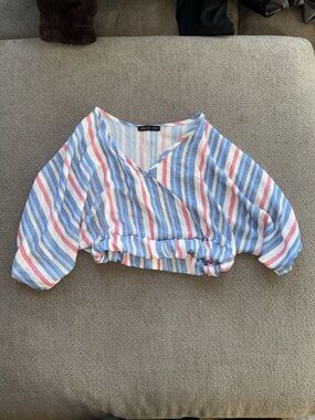 Striped Wrap Crop Top in Blue, Pink & White